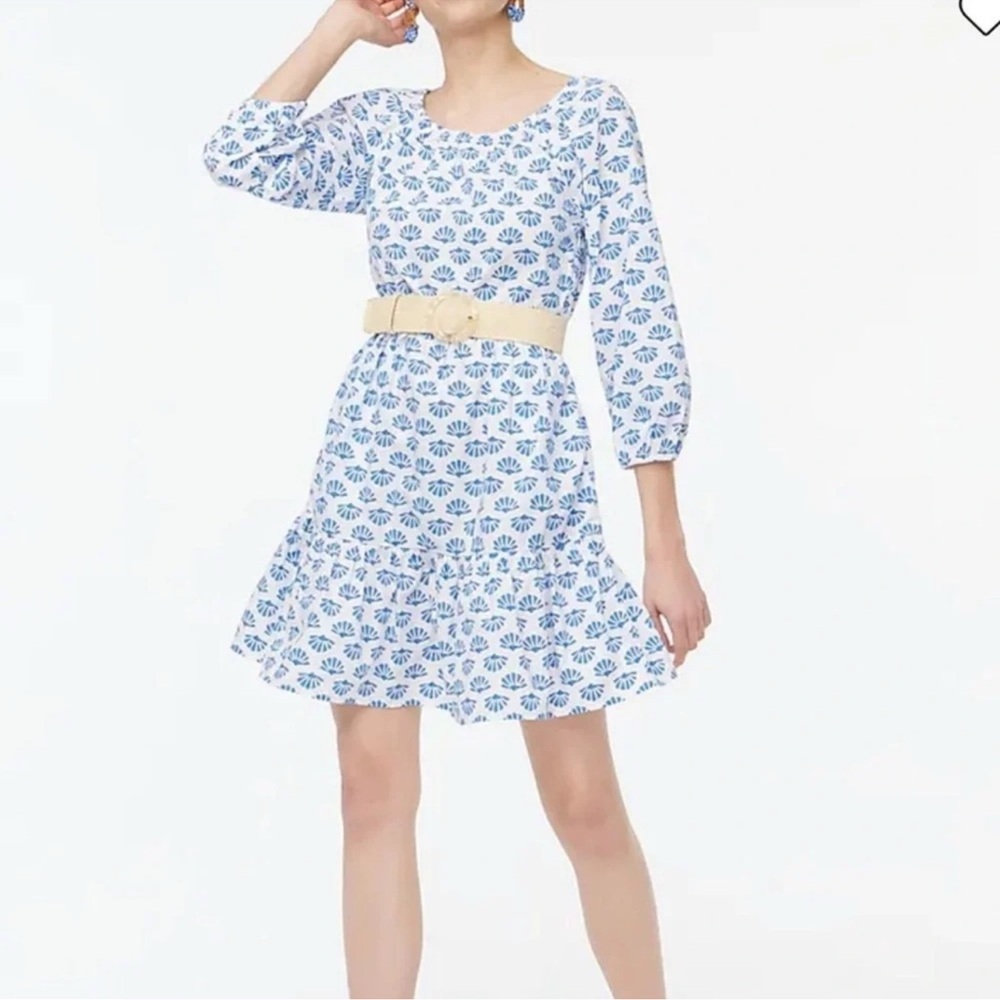 J. Crew White Blue Stamp Print Long Sleeve Tiered Blouson Dress Womens 8